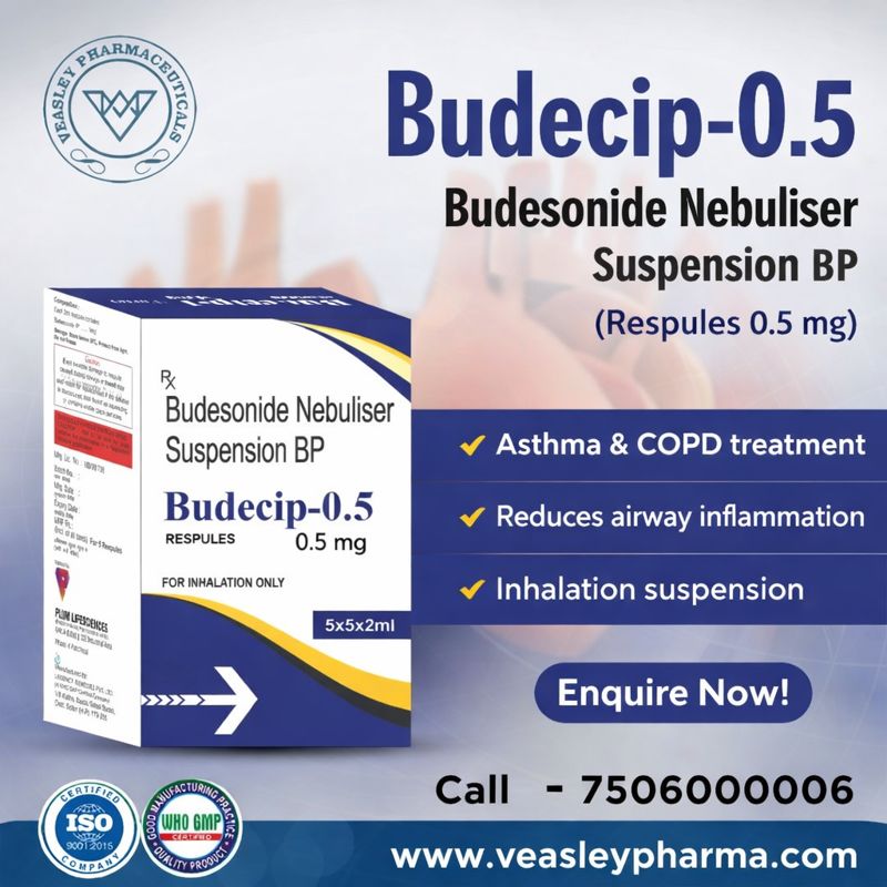 BUDECIP-0.5 MG by Veasley Pharmaceuticals Pvt Ltd is a Budesonide inhalation suspension for asthma and COPD treatment with assured safety and quality.